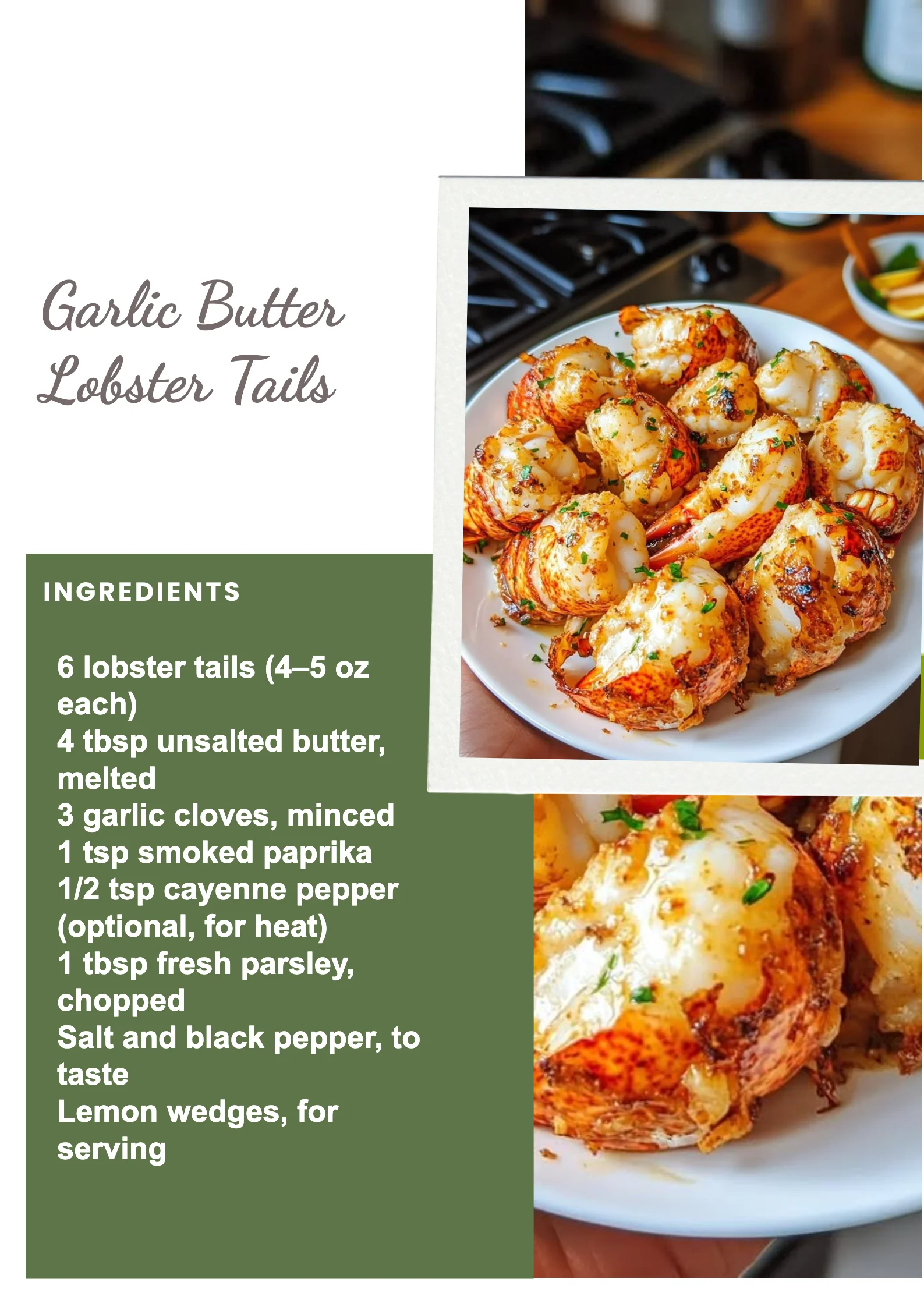 Garlic Butter Lobster Tails garnished with herbs and lemon.