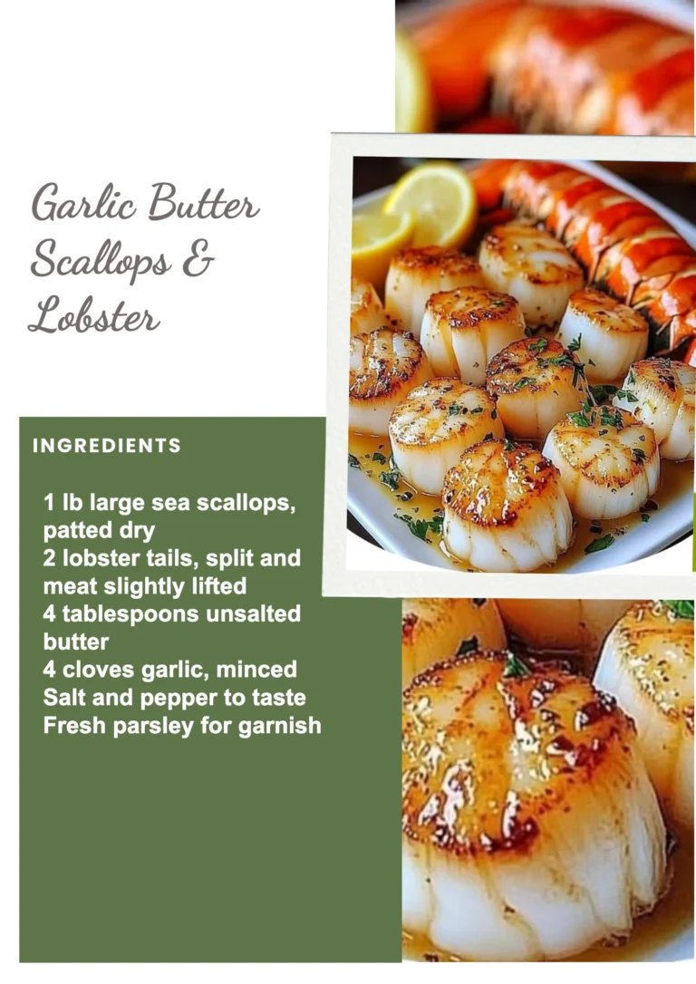 Plate of garlic butter scallops topped with herbs and served with lobster