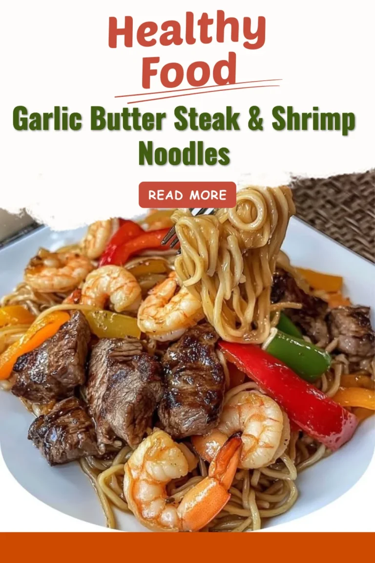 Delicious garlic butter steak served with shrimp noodles.