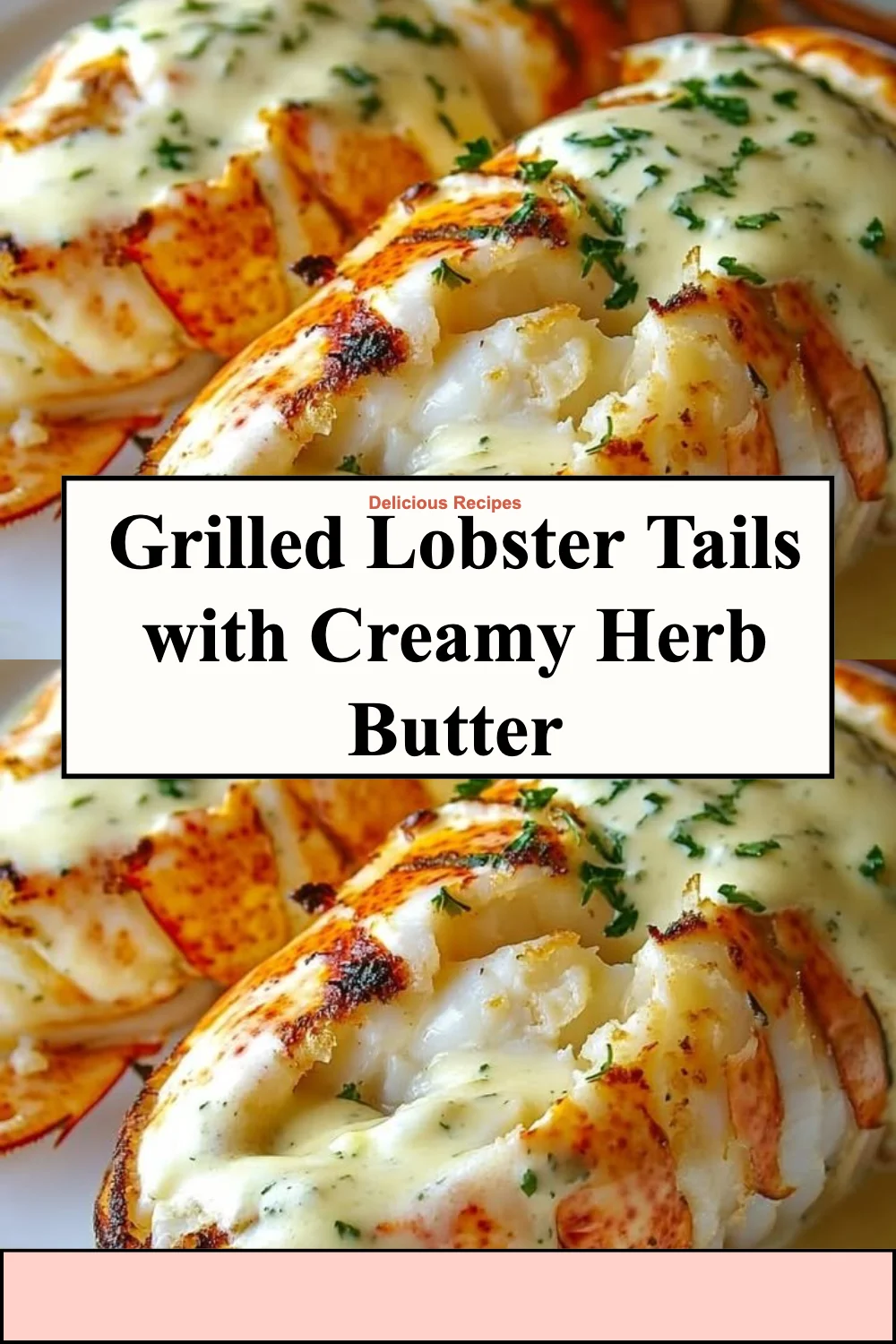 Grilled lobster tails topped with creamy herb butter on a plate