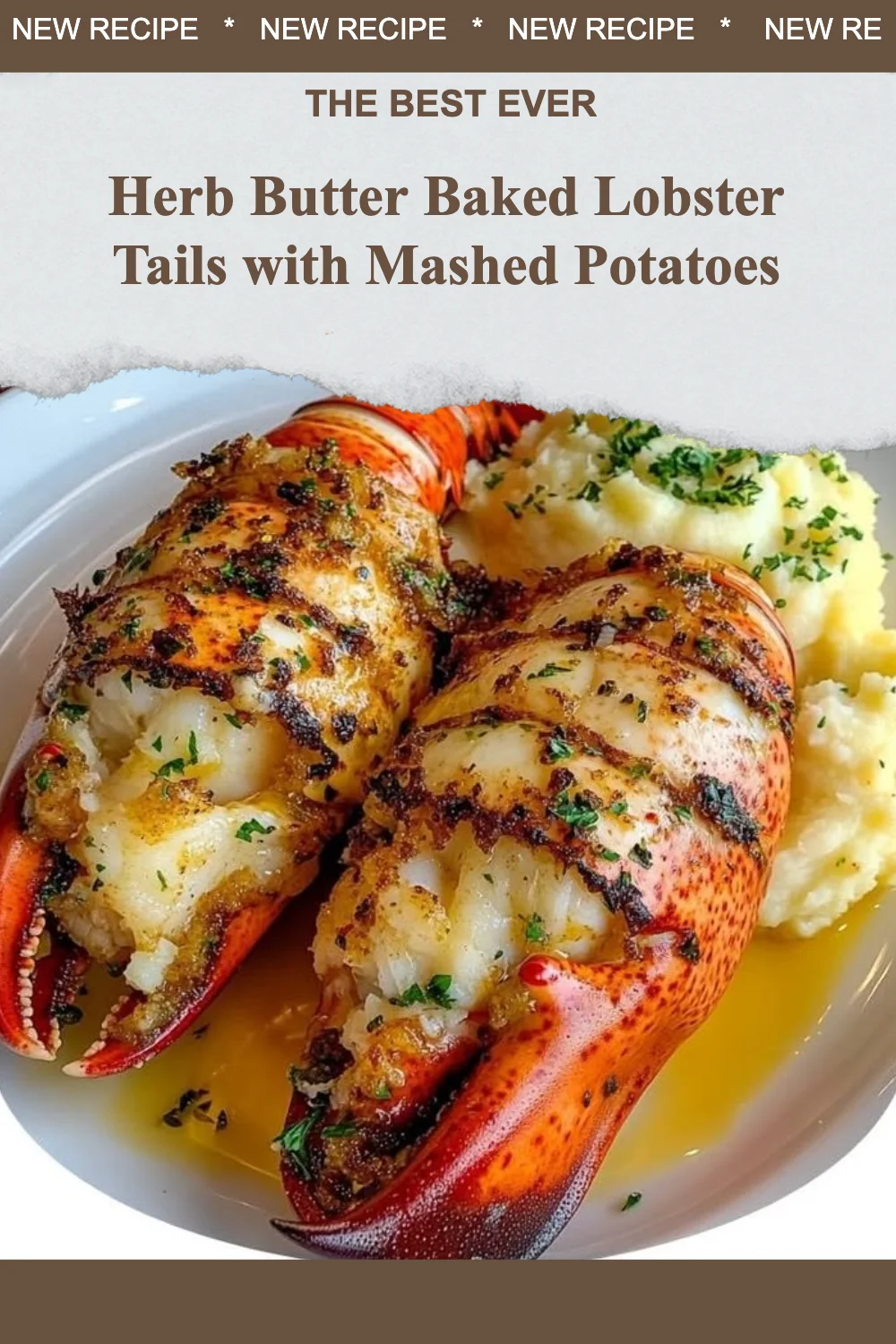 Herb butter baked lobster tails with mashed potatoes served on a white plate.