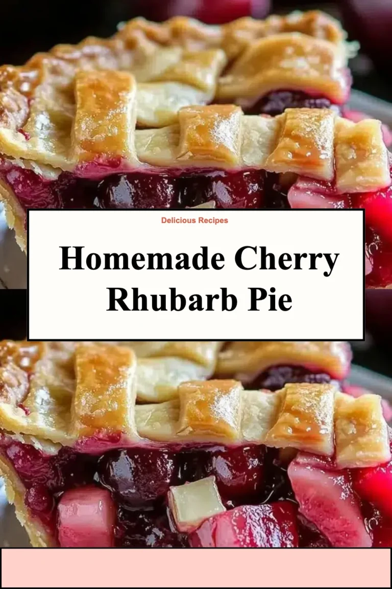 A slice of homemade cherry rhubarb pie on a rustic wooden table.