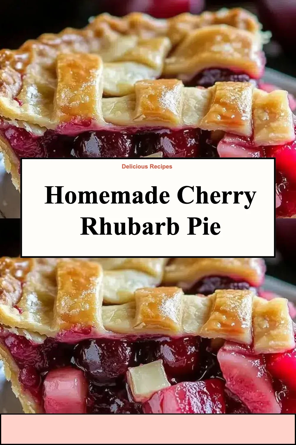 A slice of homemade cherry rhubarb pie on a rustic wooden table.