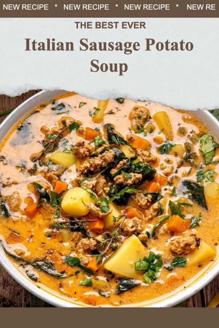 Bowl of creamy Italian Sausage Potato Soup garnished with herbs