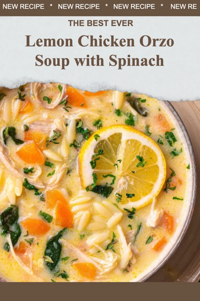 Bowl of Lemon Chicken Orzo Soup with Spinach garnished with herbs