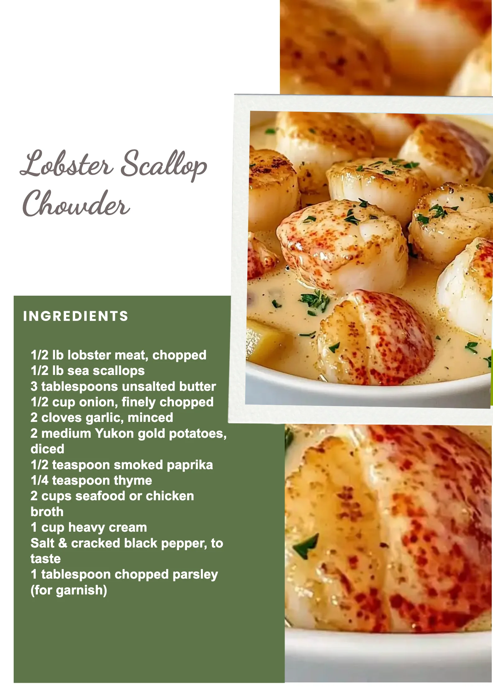 Bowl of delicious Lobster Scallop Chowder topped with fresh herbs