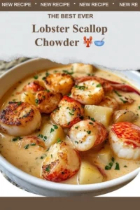 Bowl of rich Lobster Scallop Chowder garnished with seafood on a wooden table.