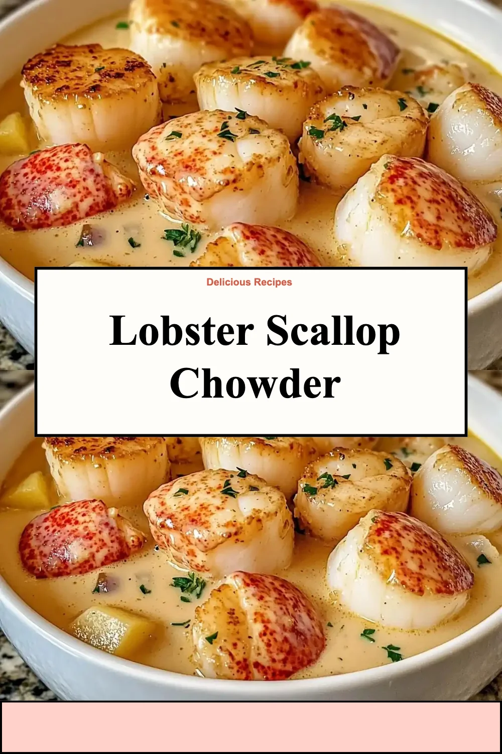 Bowl of Lobster Scallop Chowder topped with herbs and served with crusty bread