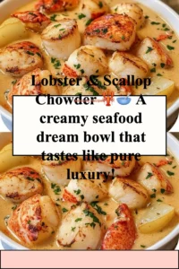 A bowl of creamy Lobster & Scallop Chowder topped with fresh herbs