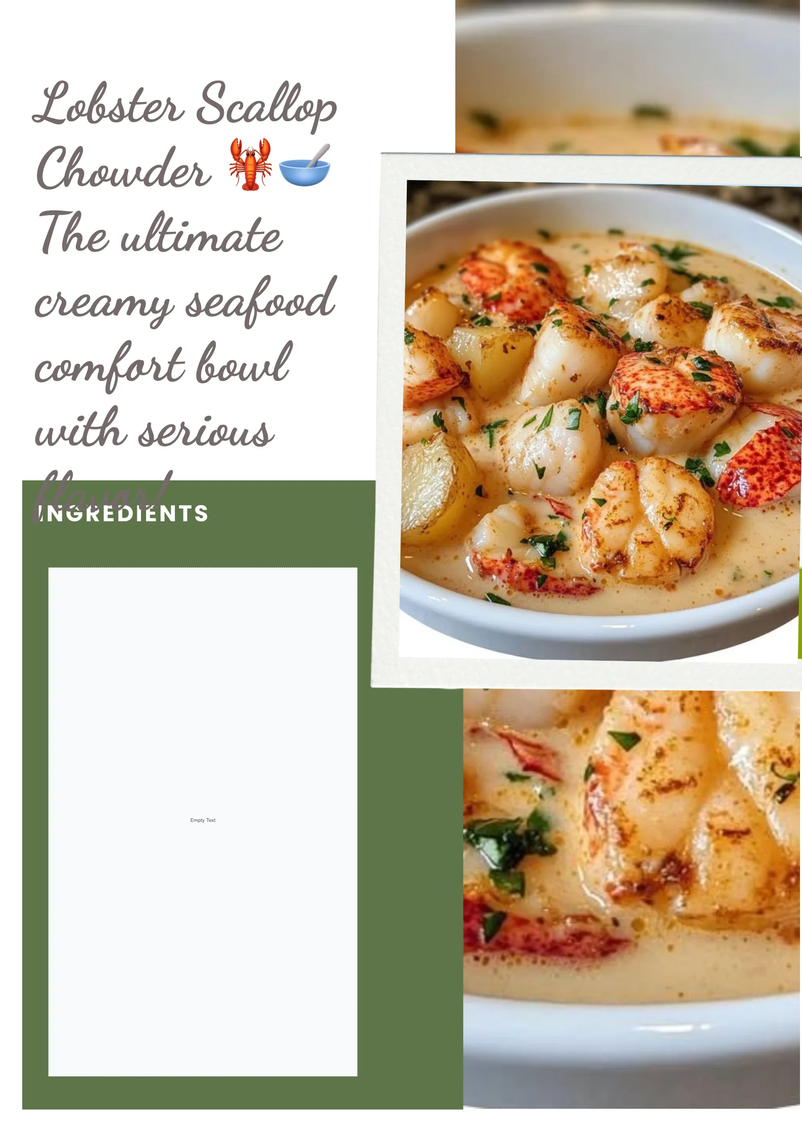 Bowl of creamy lobster scallop chowder garnished with herbs and seafood.