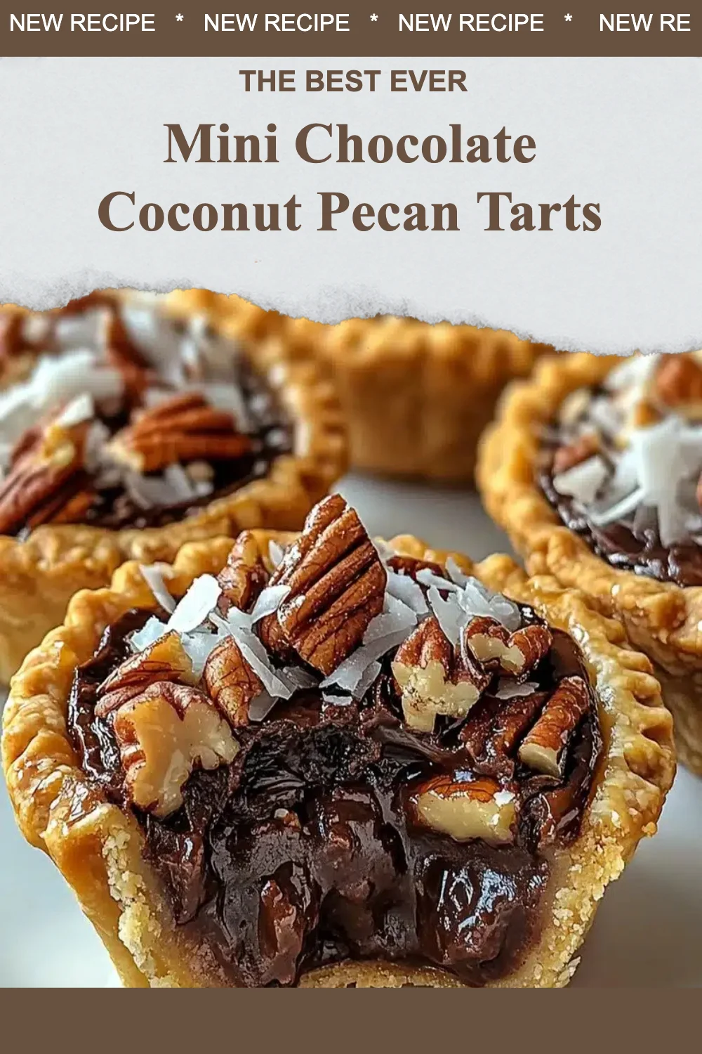Mini chocolate coconut pecan tarts on a white plate