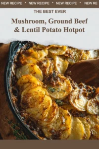 Mushroom, Ground Beef, and Lentil Potato Hotpot served in a rustic bowl