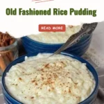 A creamy bowl of old fashioned rice pudding topped with a sprinkle of cinnamon.