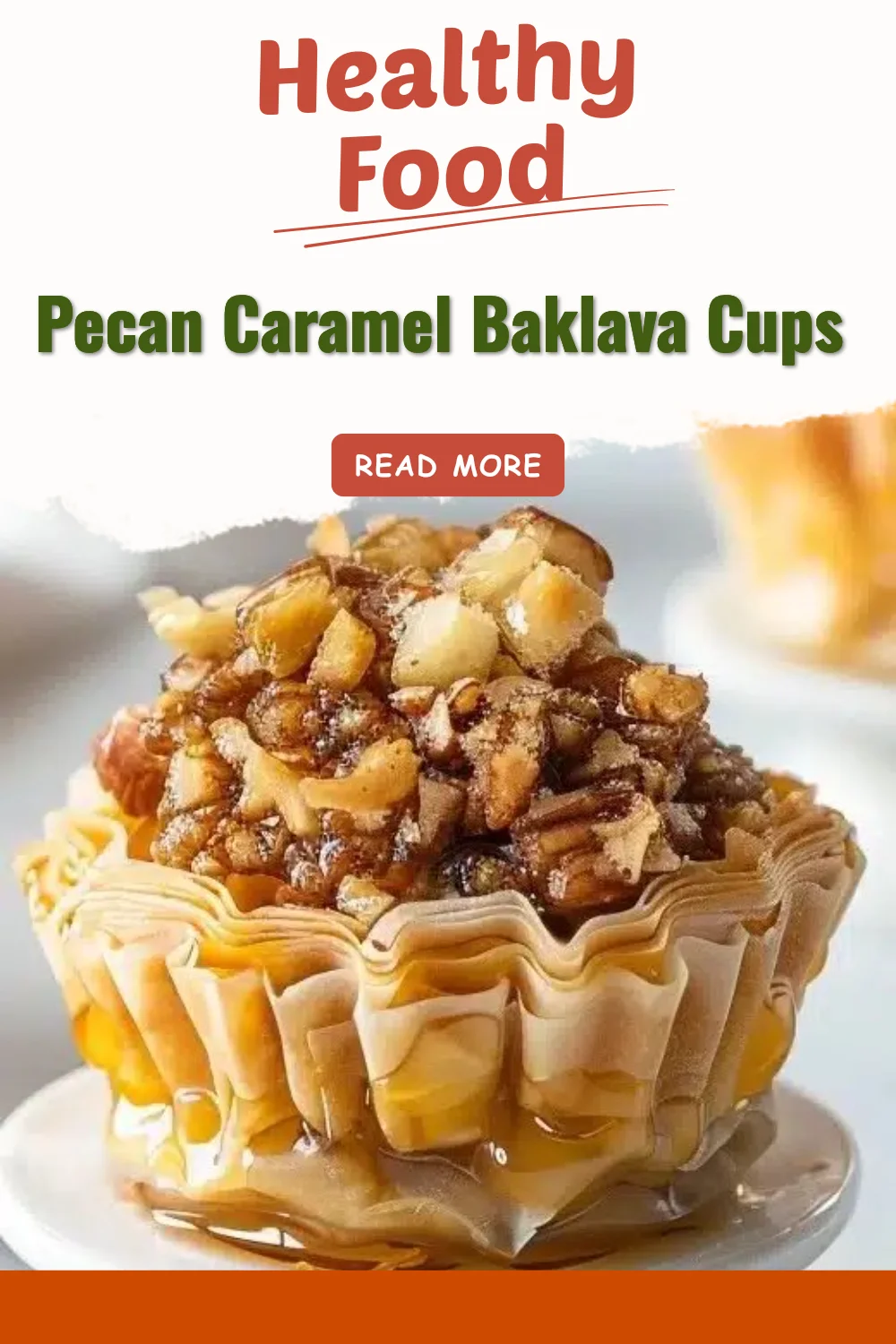 Pecan Caramel Baklava Cups topped with caramel and pecans on a plate