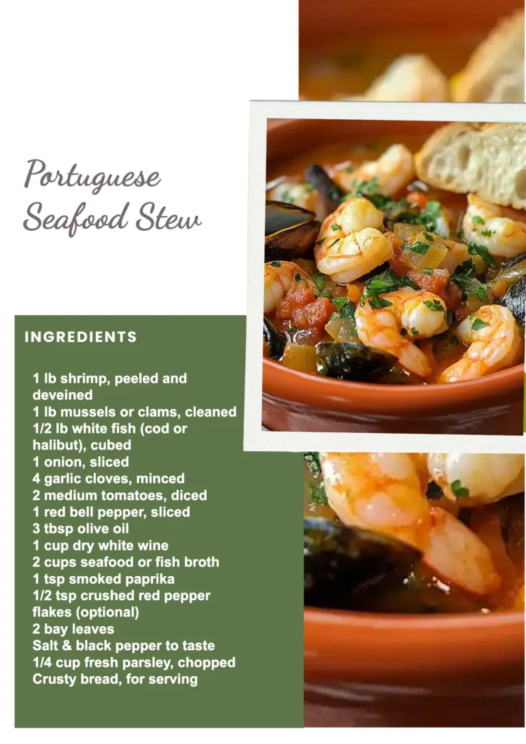 A bowl of vibrant Portuguese seafood stew with a variety of fresh seafood ingredients.