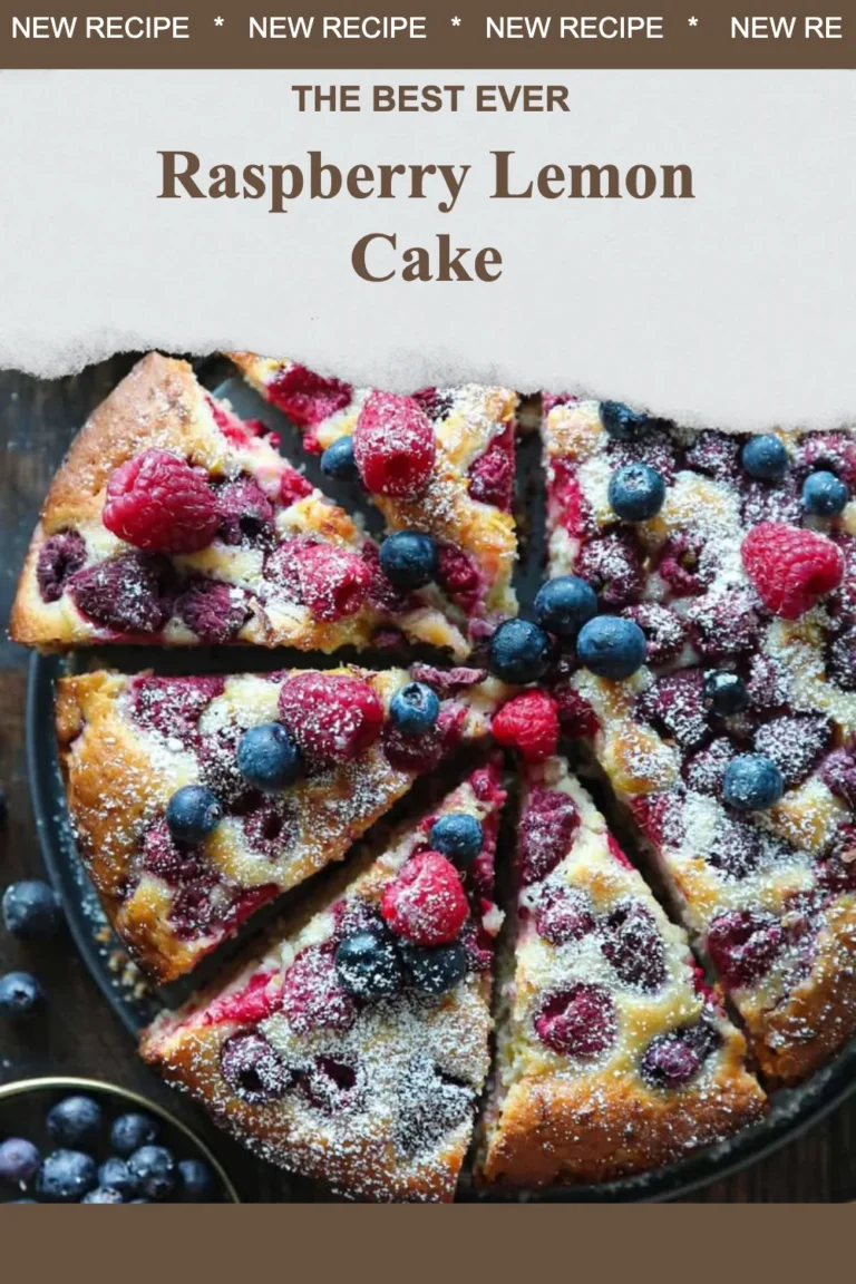 Slice of Raspberry Lemon Cake with fresh raspberries and lemon zest on top