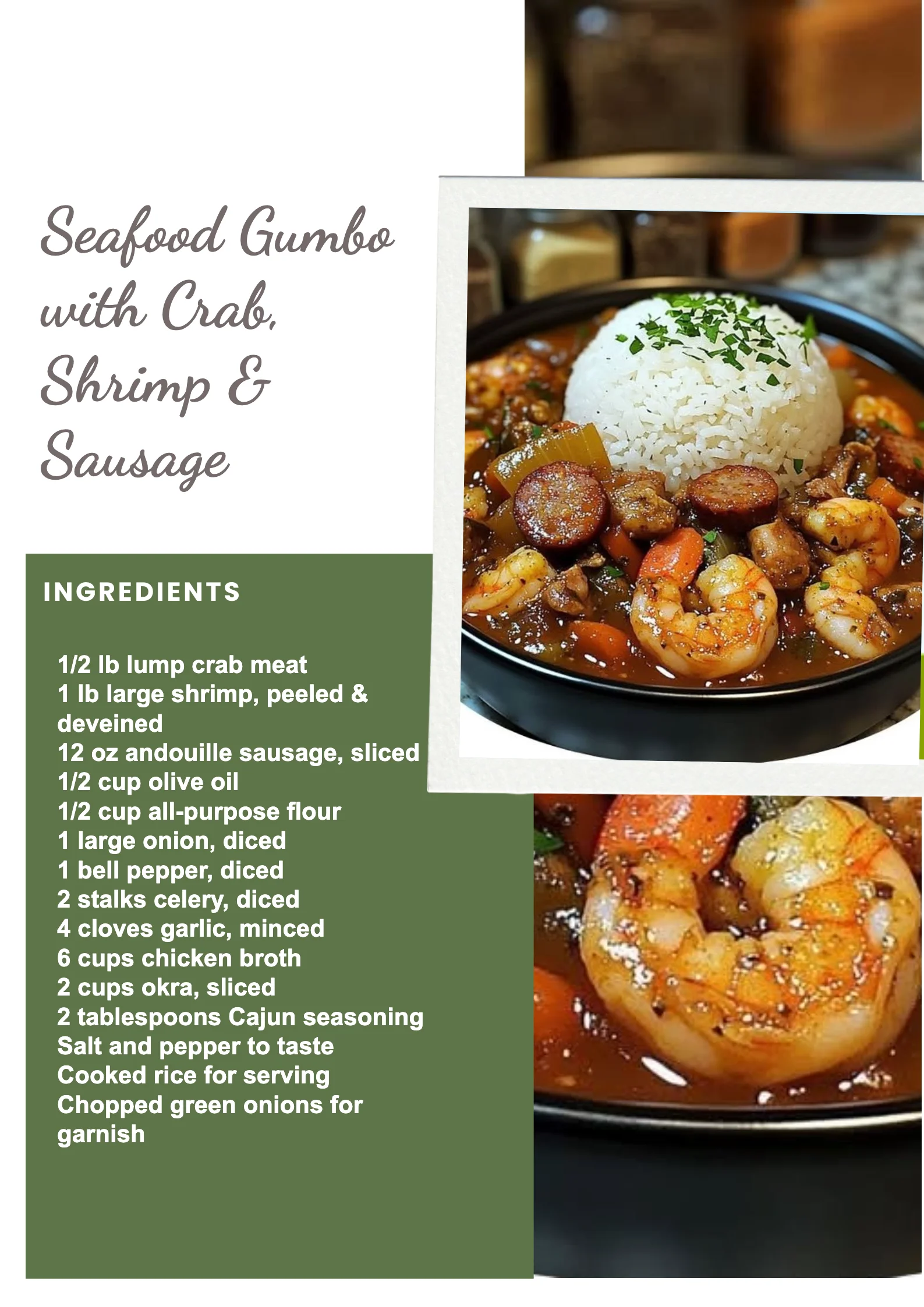 Delicious Seafood Gumbo with crab, shrimp, and sausage served in a bowl