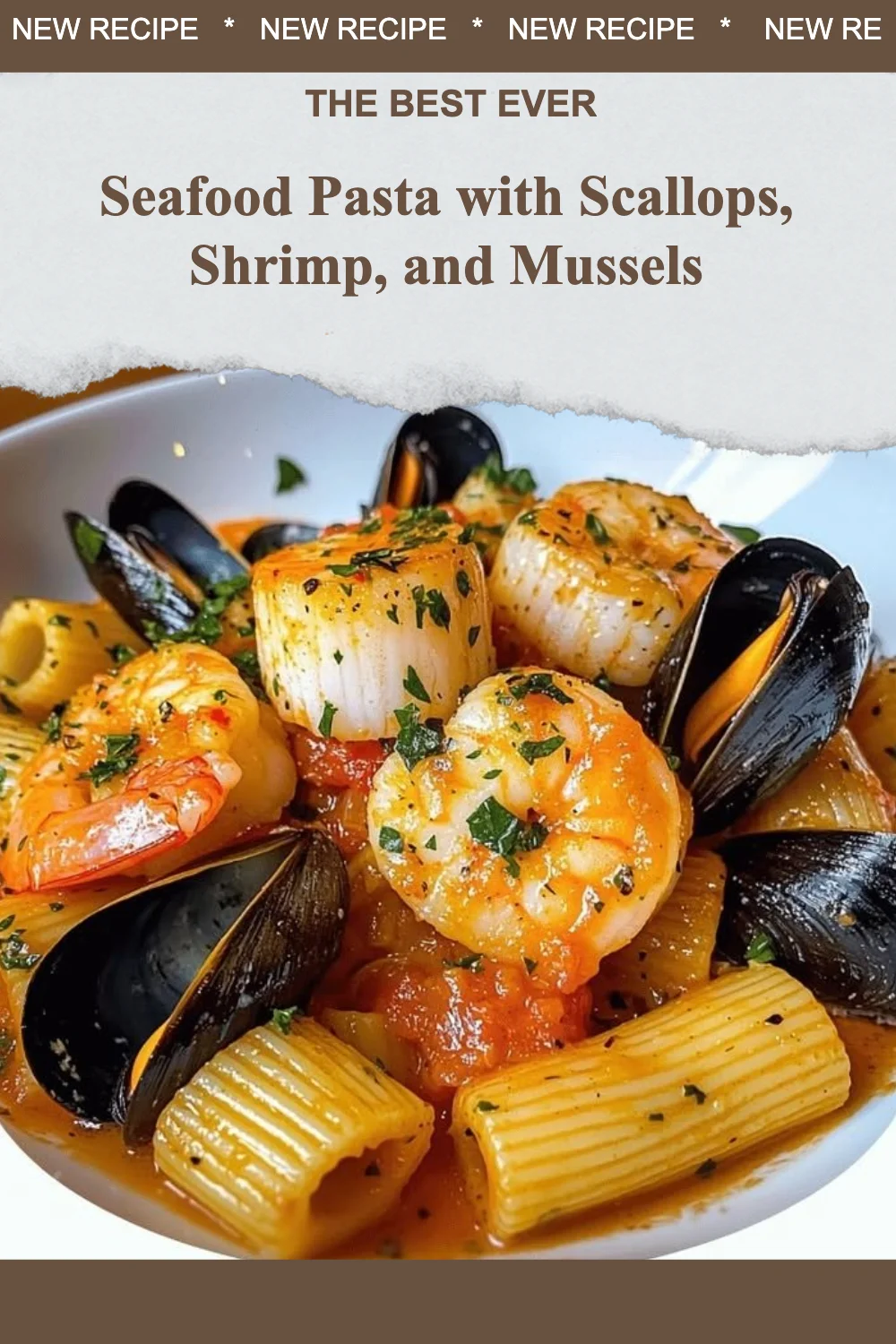 Delicious seafood pasta with scallops, shrimp, and mussels served in a bowl.