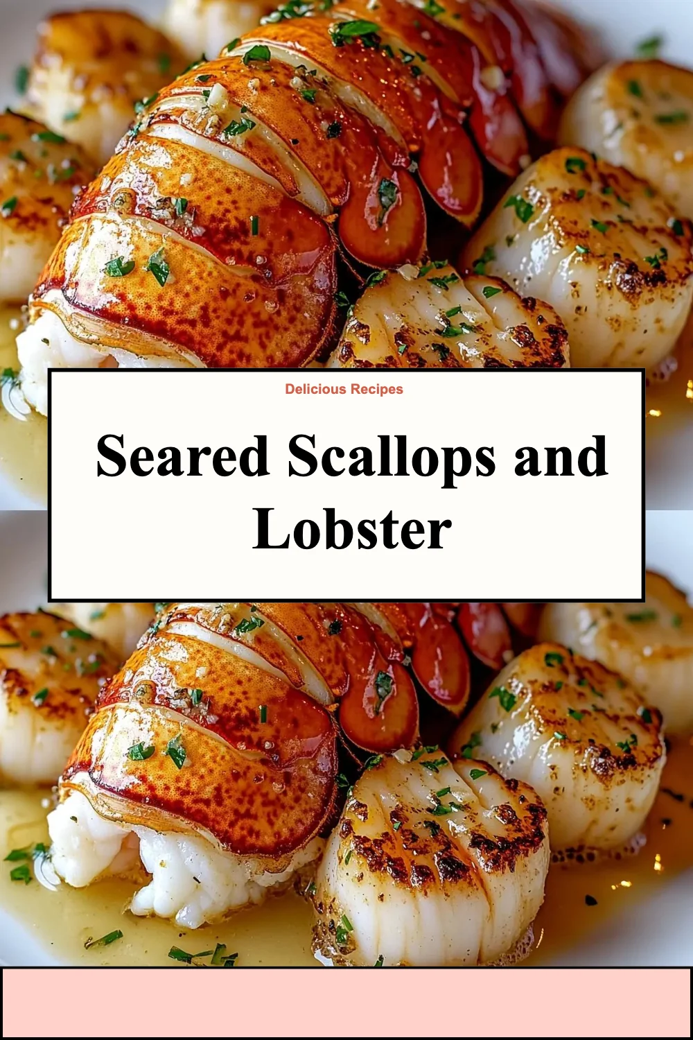 Plate of delicious seared scallops and lobster with garnishes
