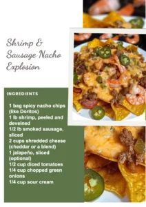 Delicious Shrimp Nacho with sausage, topped with cheese and jalapenos