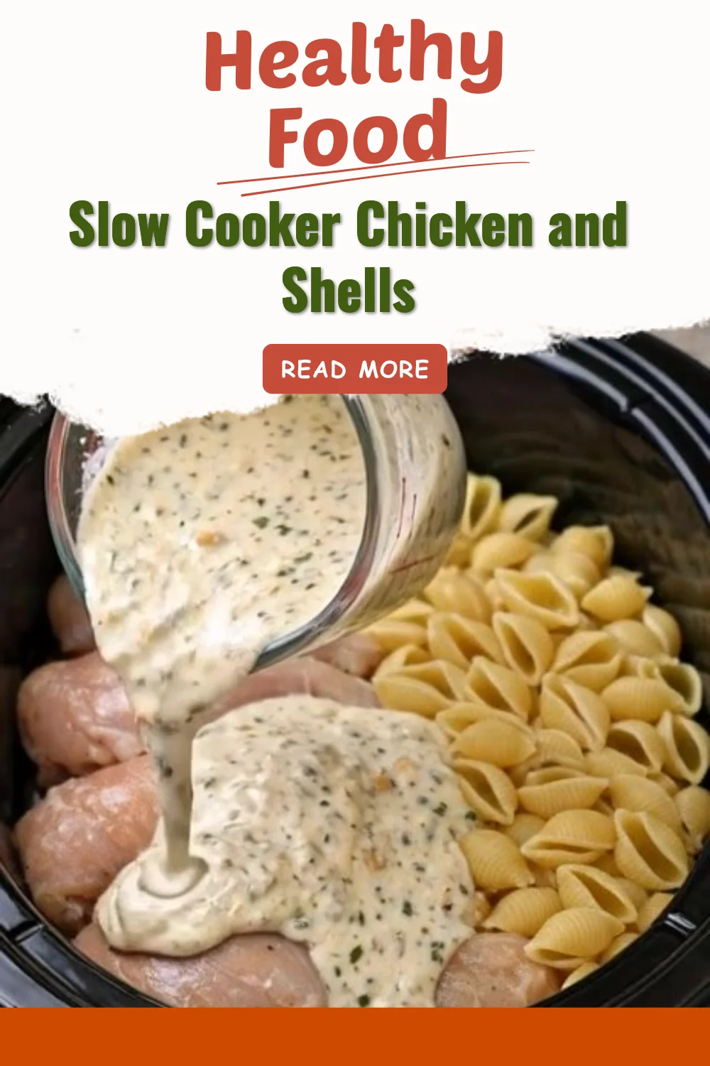 Bowl of slow cooker chicken and shells, a comforting family meal.