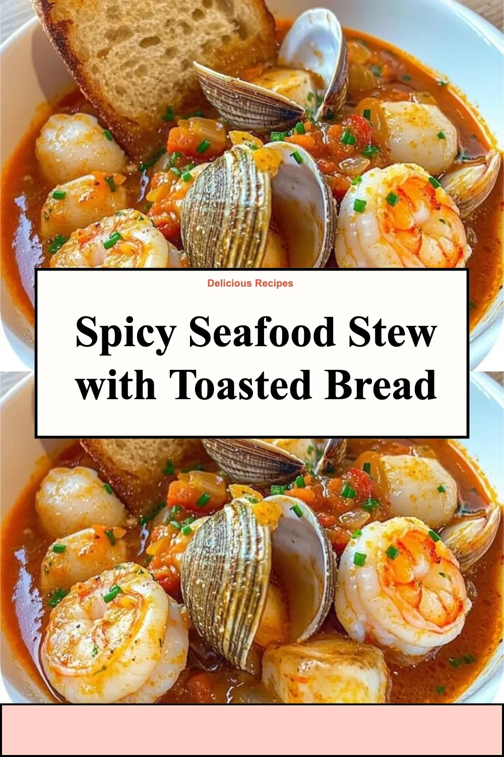 Delicious spicy seafood stew served with toasted bread in a bowl
