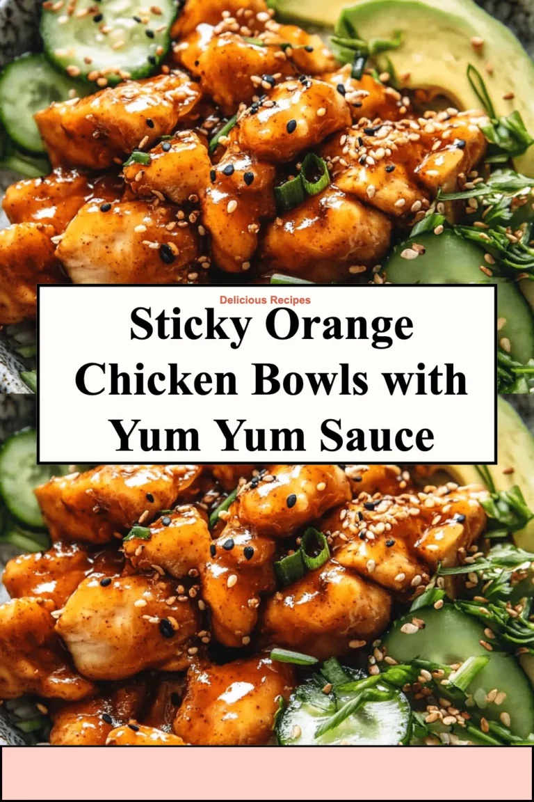 Delicious sticky orange chicken bowls drizzled with yum yum sauce