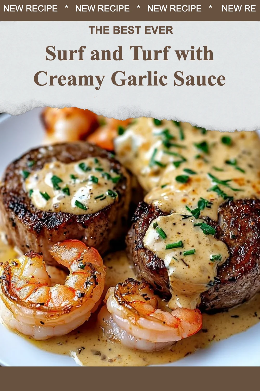 Delicious Surf and Turf with Creamy Garlic Sauce served on a plate