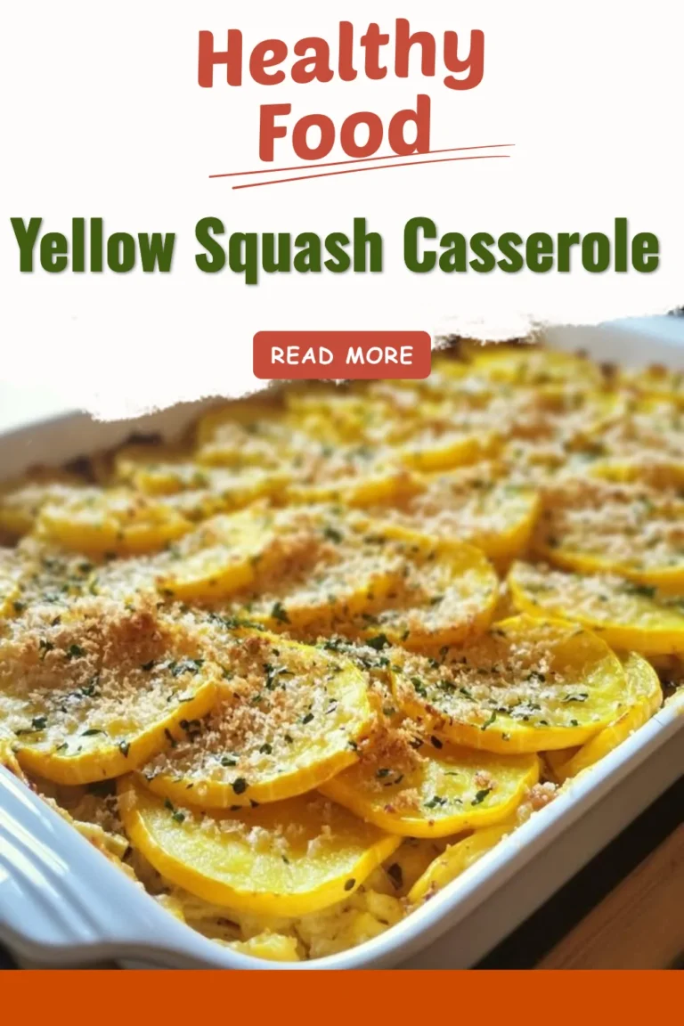 Delicious yellow squash casserole served in a baking dish with cheese and herbs