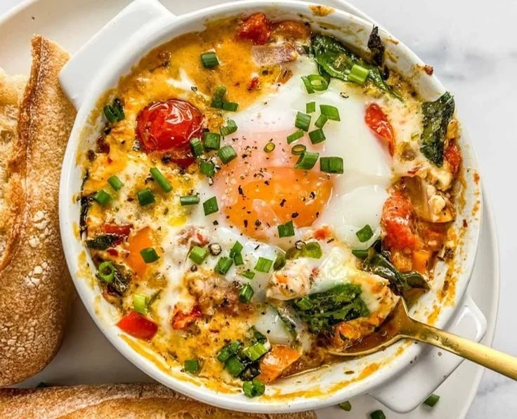 Baked Feta Eggs with Tomatoes and Spinach
