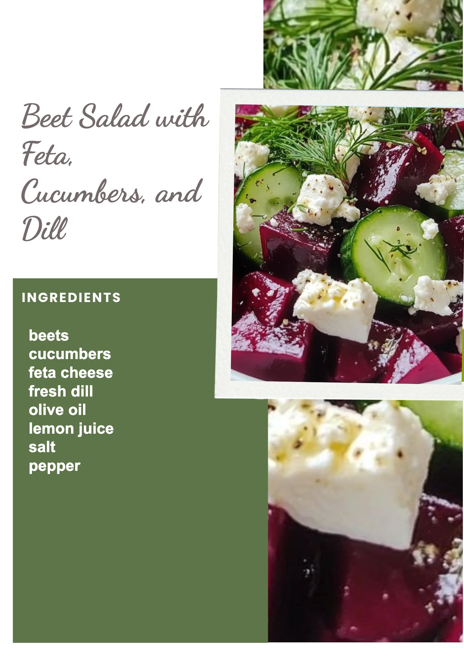 Beet salad topped with feta cheese, cucumbers, and fresh dill, served in a bowl.