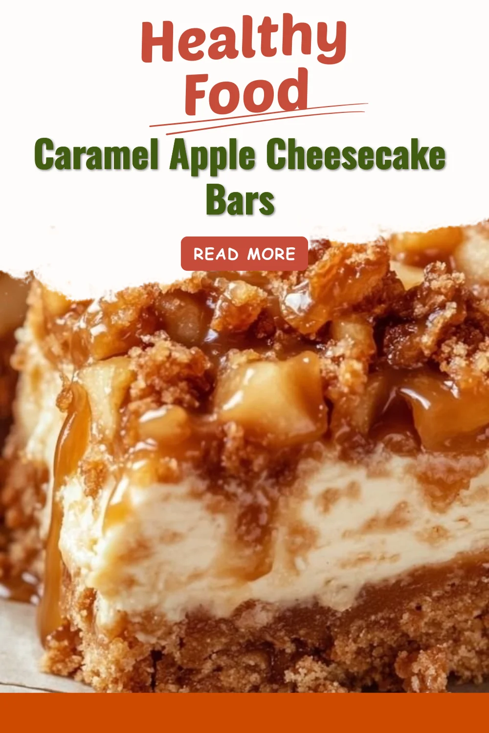Caramel apple cheesecake bars topped with caramel and apple slices.