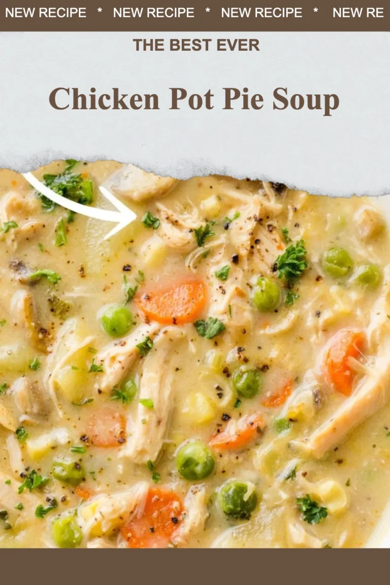 Delicious Chicken Pot Pie Soup in a bowl, topped with fresh herbs.