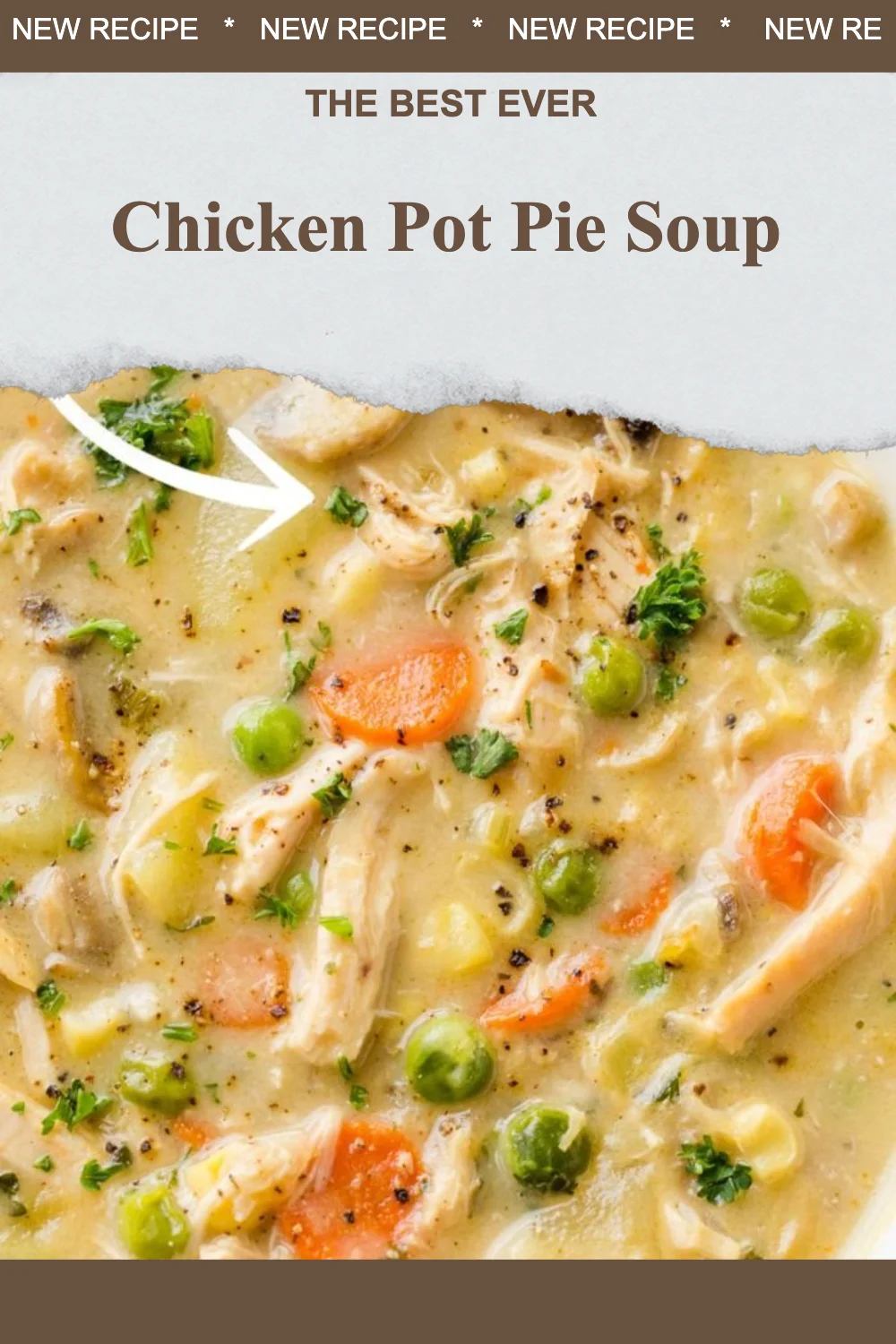 Delicious Chicken Pot Pie Soup in a bowl, topped with fresh herbs.