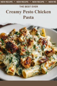 Delicious creamy pesto chicken pasta with fresh herbs and chicken pieces.