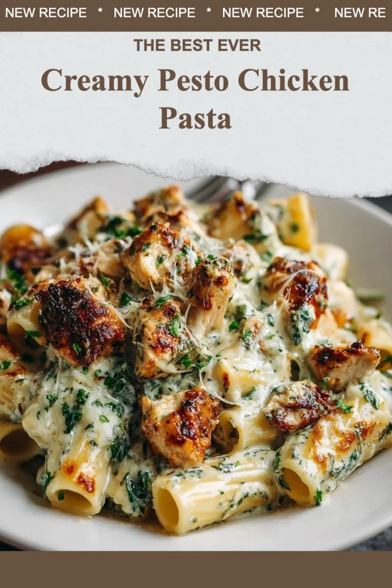 Delicious creamy pesto chicken pasta with fresh herbs and chicken pieces.