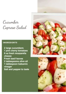 Fresh Cucumber Caprese Salad with tomatoes, mozzarella, and basil