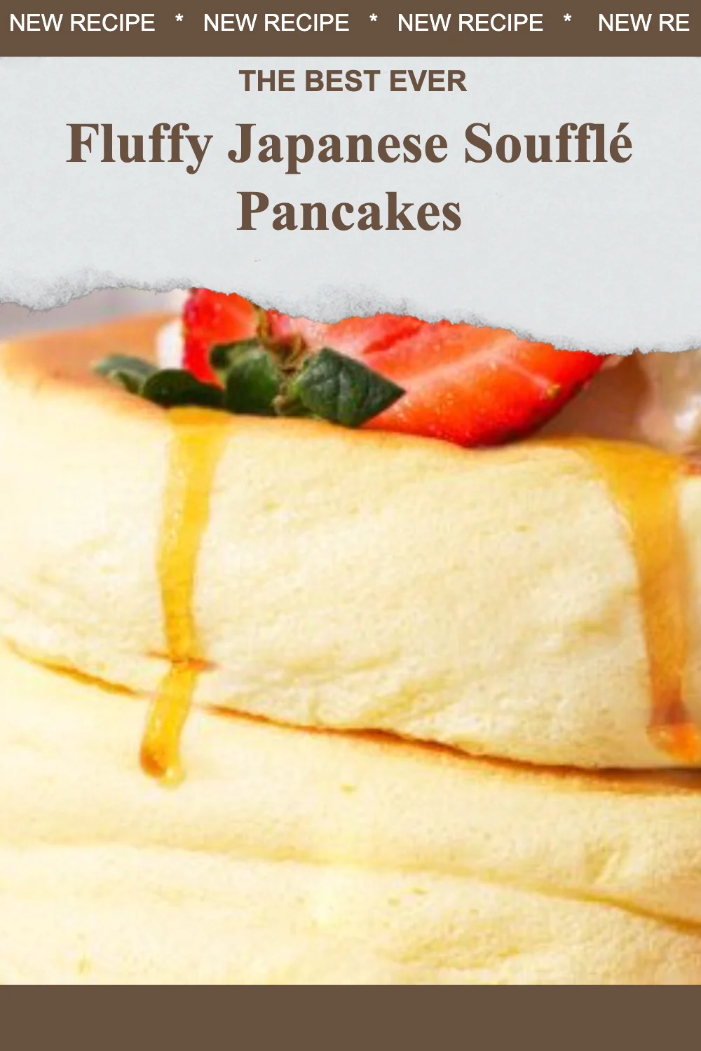 Light and fluffy Japanese soufflé pancakes stacked on a plate with syrup and fruit.