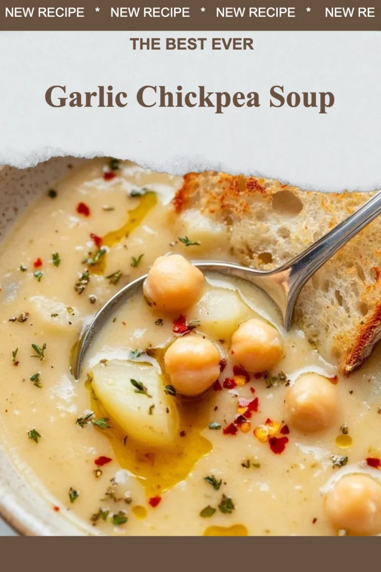 Bowl of Garlic Chickpea Soup garnished with herbs and served with bread.