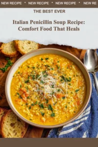 Warm bowl of Italian Penicillin Soup garnished with herbs and vegetables