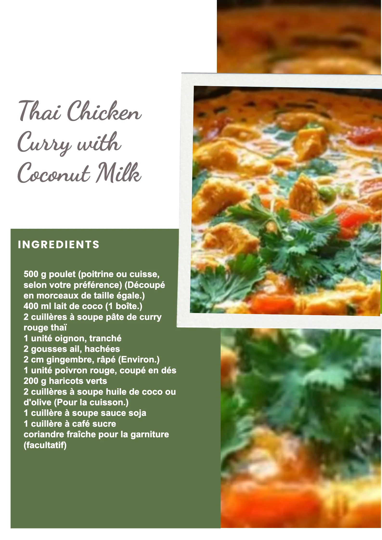 Bowl of Thai chicken curry with coconut milk, garnished with fresh herbs
