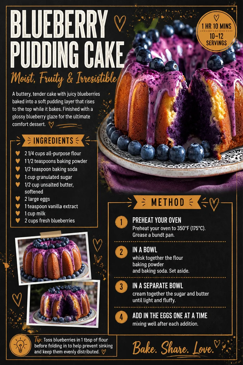 Delicious blueberry pudding cake topped with fresh berries and whipped cream