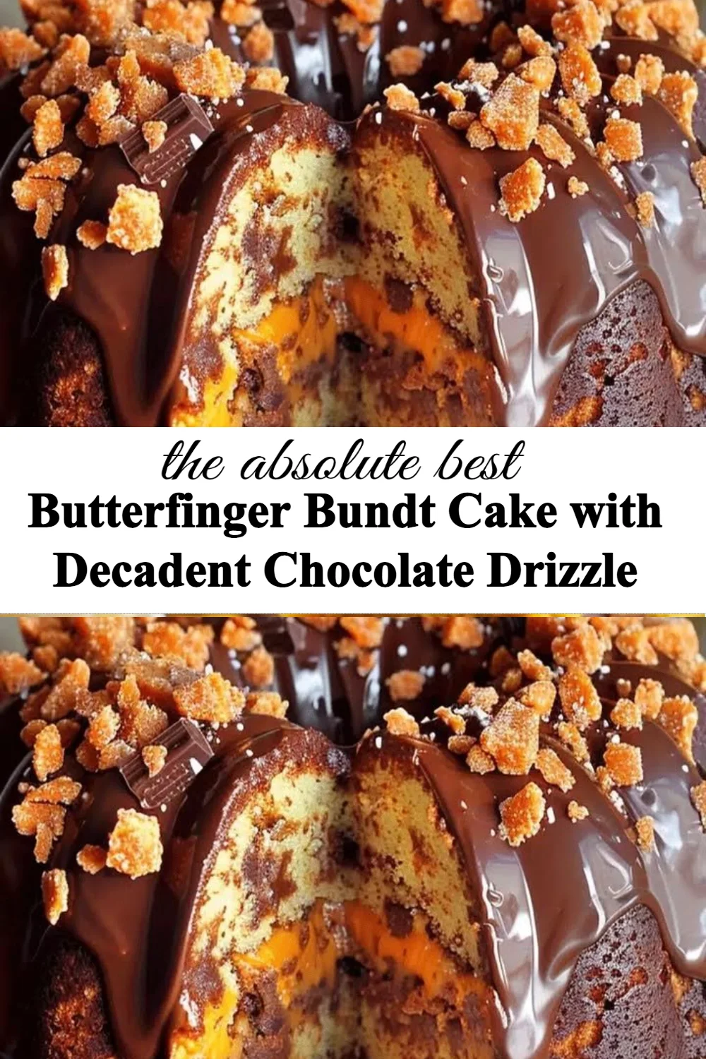Butterfinger Bundt Cake with rich chocolate drizzle on a plate