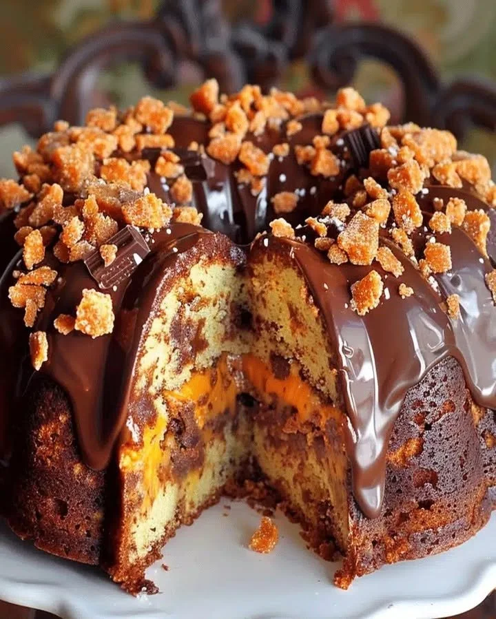 Butterfinger Bundt Cake with Decadent Chocolate Drizzle