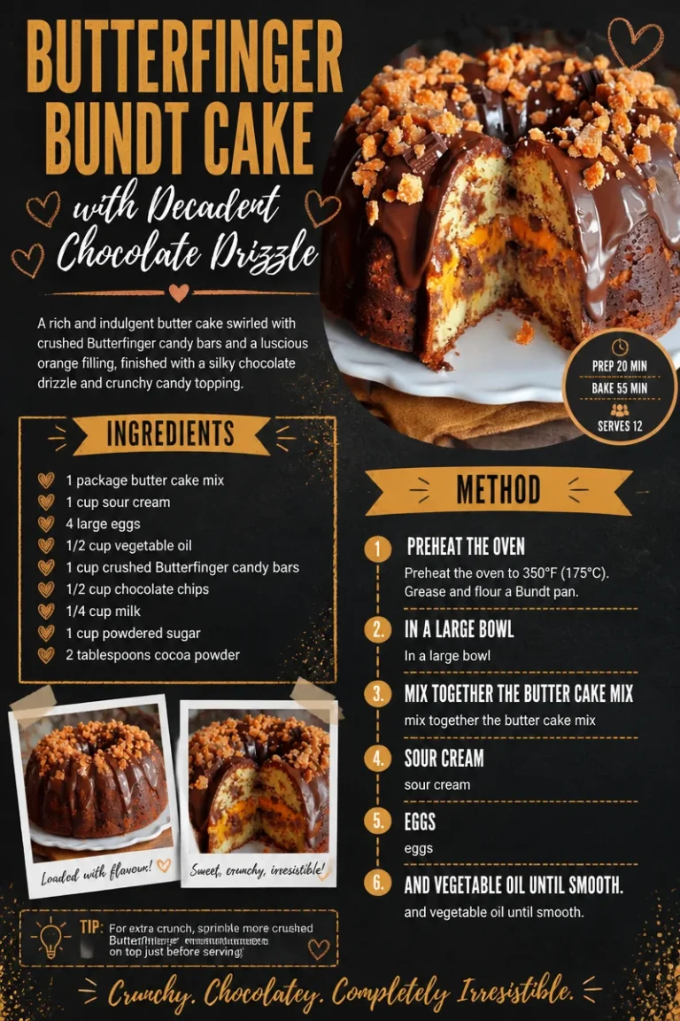Butterfinger Bundt Cake with chocolate drizzle on a white plate