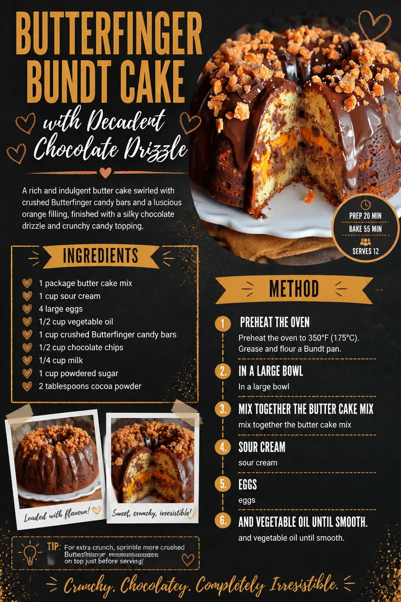 Butterfinger Bundt Cake with chocolate drizzle on a white plate