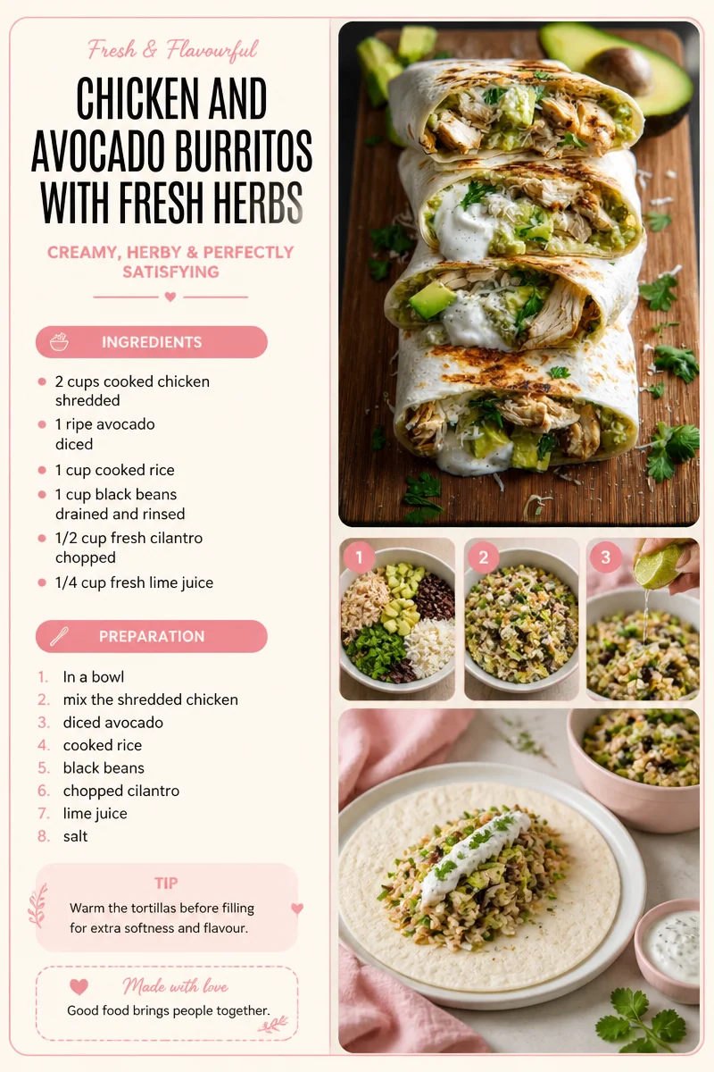 Chicken and Avocado Burritos with Fresh Herbs on a plate