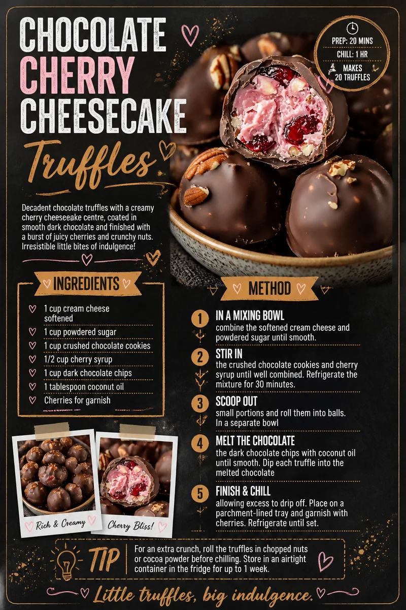 Delicious chocolate cherry cheesecake truffles on a decorative plate.