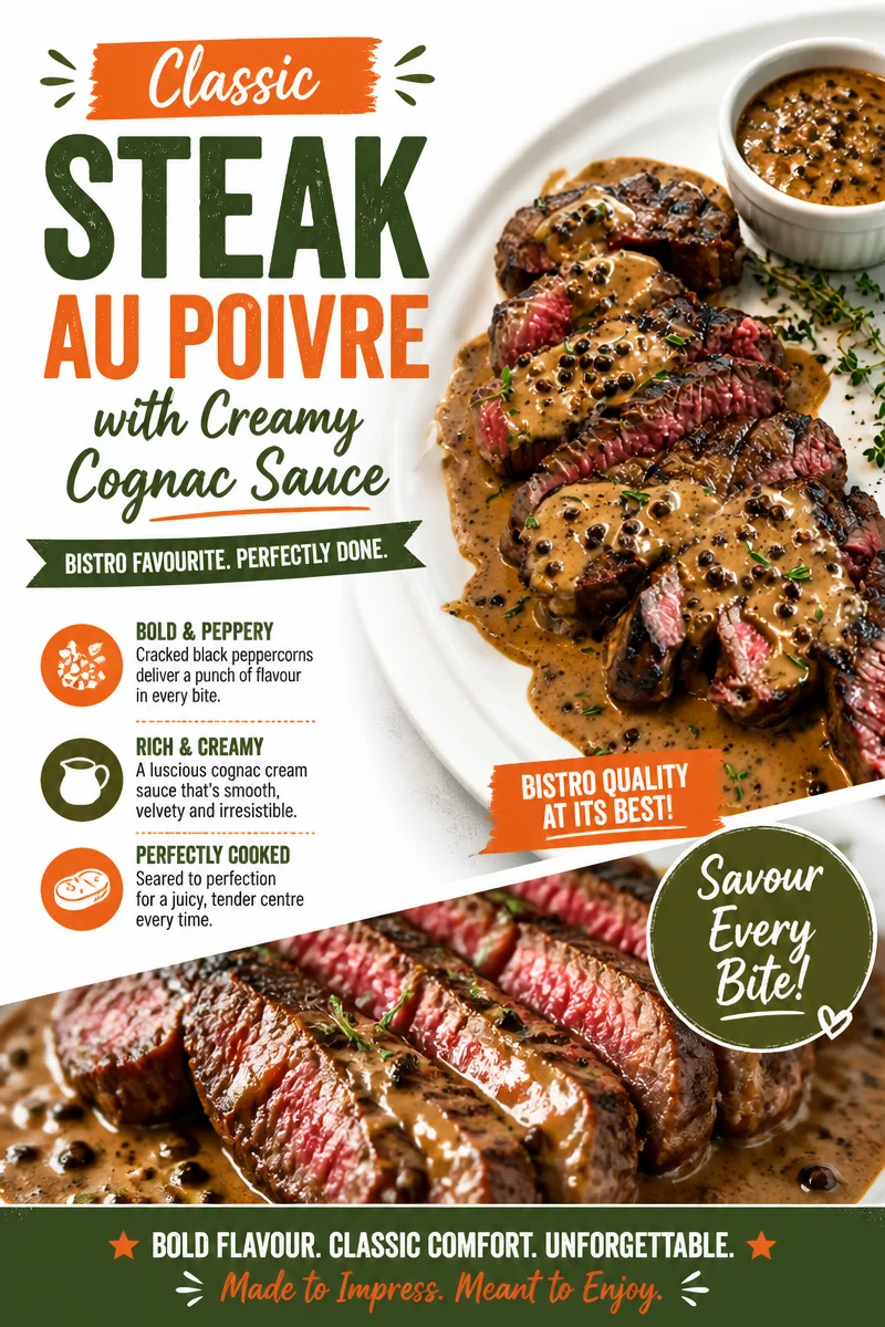 Classic steak au poivre served with creamy cognac sauce on a plate