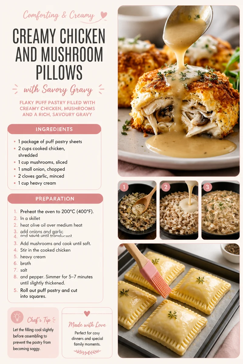 Creamy chicken and mushroom parcels served with savoury gravy